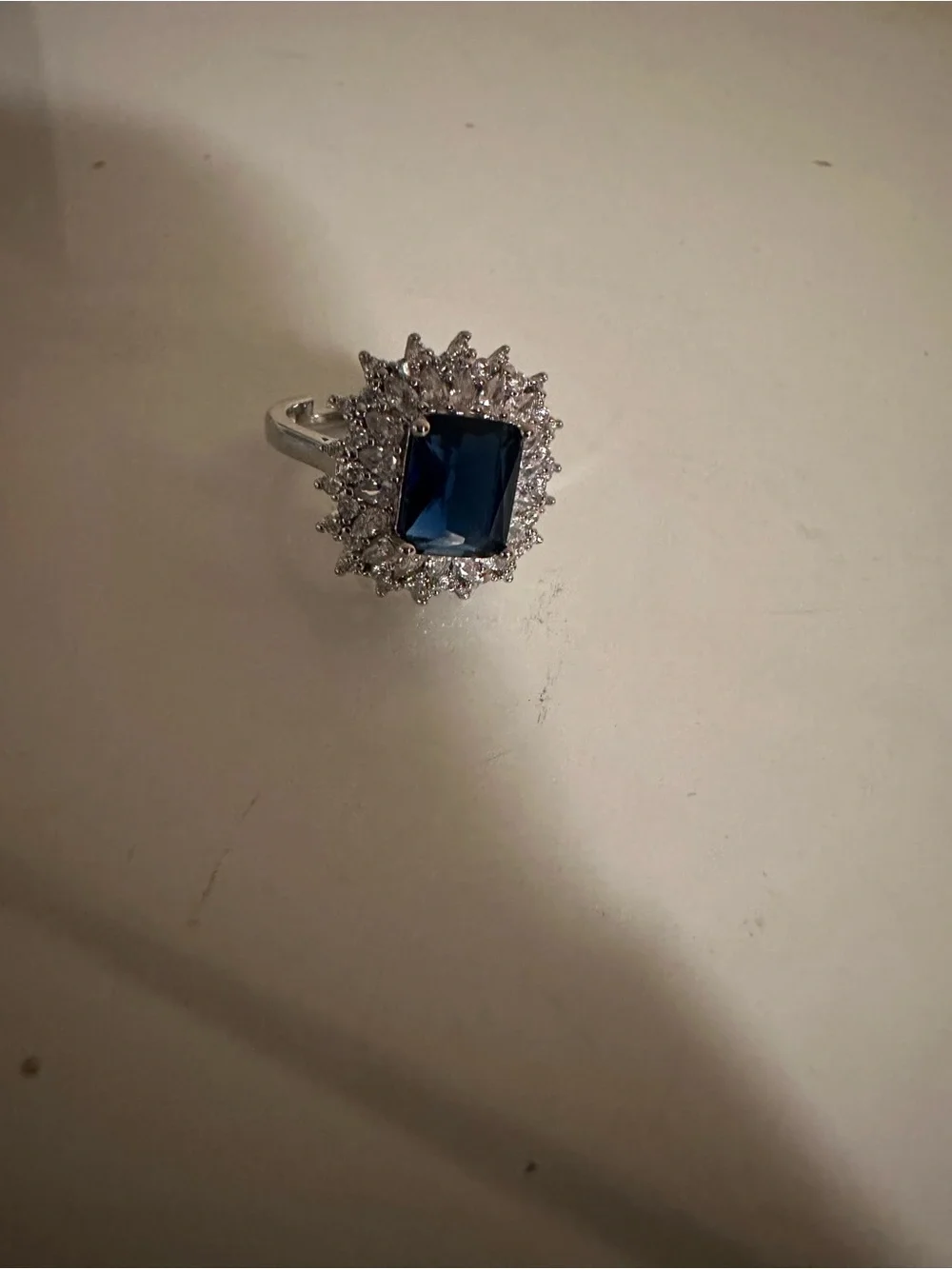 Classic Silvertone Blue Stone Halo Cocktail Ring - Women Jewelry